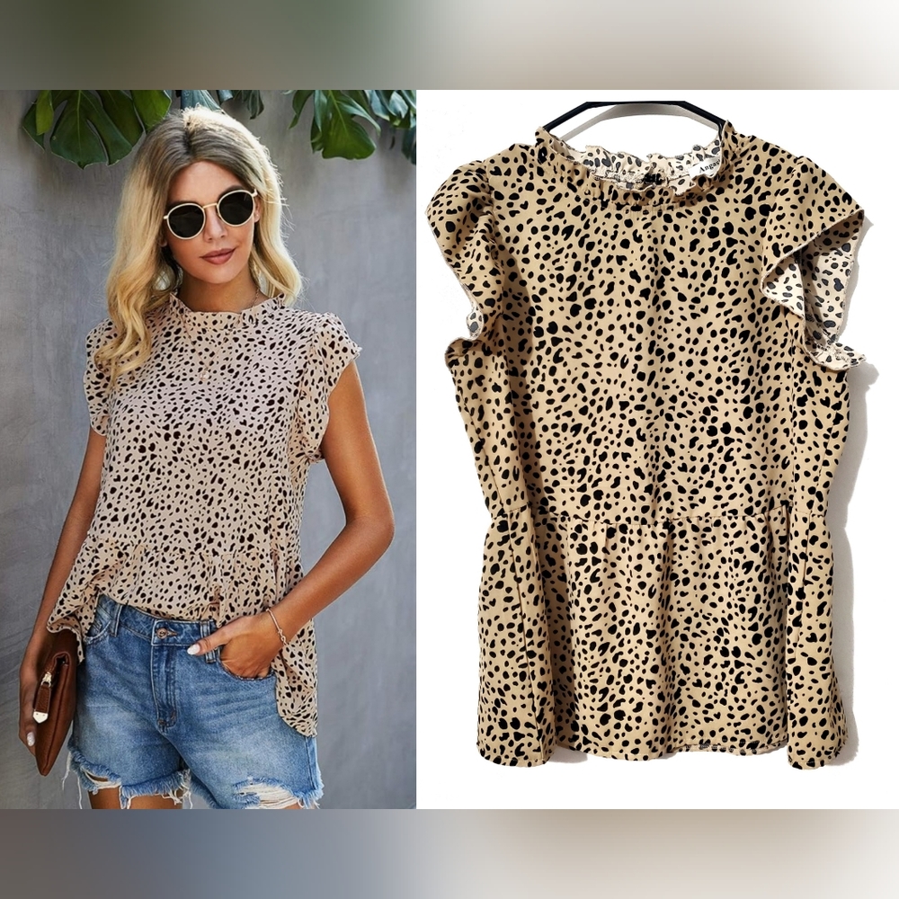 Angashion Women's Tops Casual Floral Print Cap Sleeve Ruffle Neck Loose …